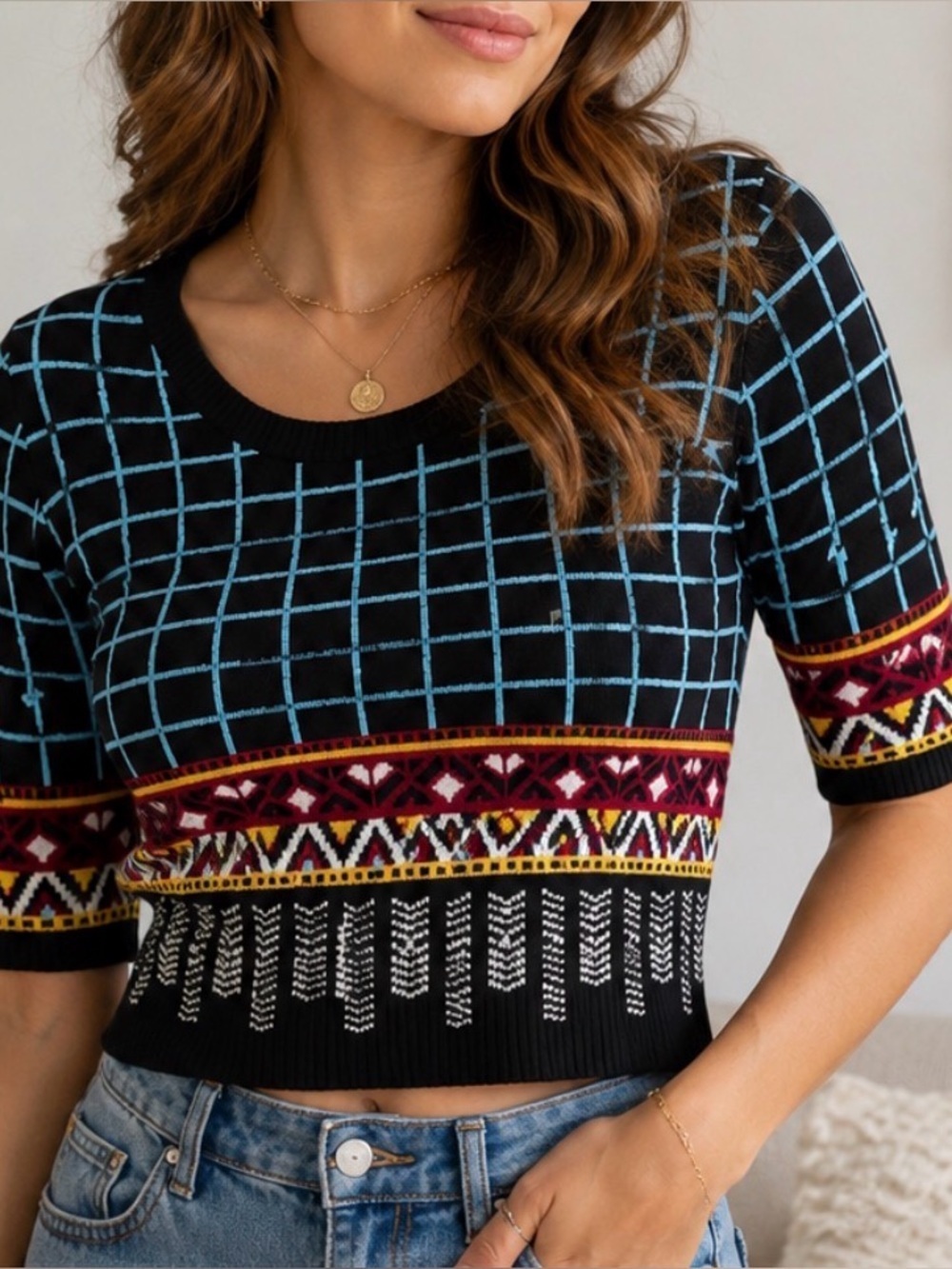 Jealous Tomato Geometric Tribal Knit Sweater Top Large Boho Colorful Statement